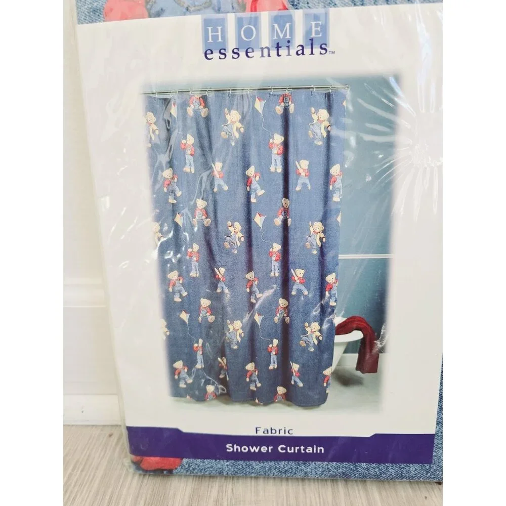 Home Essentials Blue Jean Teddy Bear Fabric Vintage 90s Shower Curtain Polyester